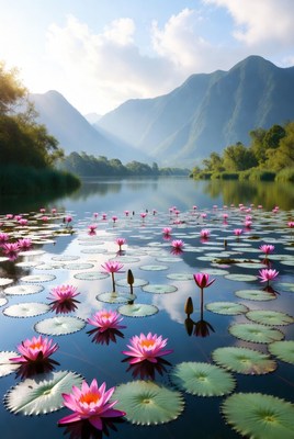 Water lilies on serene lake in morning