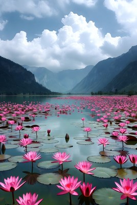 Pink lilies bloom on tranquil lake