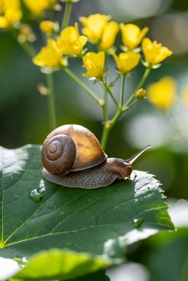Snail on green leaf with flowers