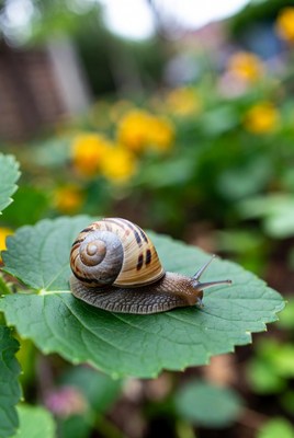 Snail moving on a green leaf