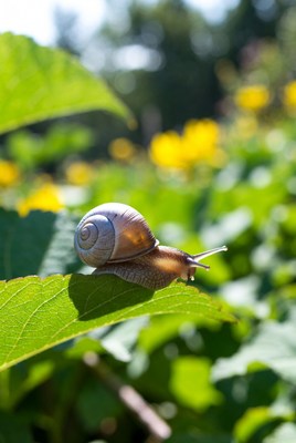 Snail moving on a leaf in sunlight