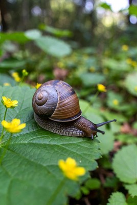Snail on leaf in forest