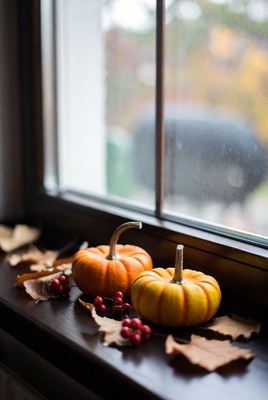 Pumpkins on windowsill in autumn