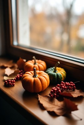 Pumpkins and berries by a window
