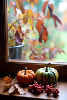 Pumpkins by the window in autumn