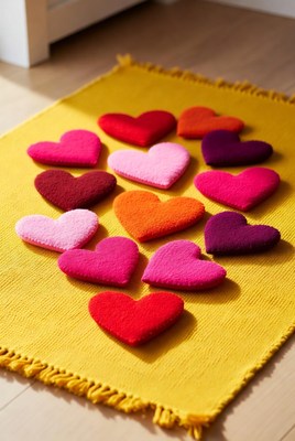 Colorful felt hearts on yellow mat