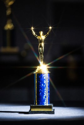 Trophy on display with bright light effects