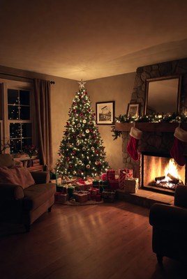 Cozy christmas tree by fireplace