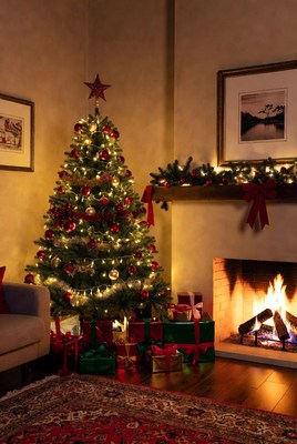 Christmas tree with gifts and fireplace