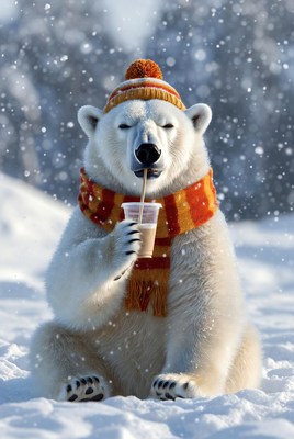 Polar bear enjoying cold drink in winter