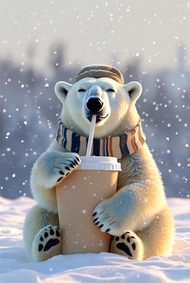 Polar bear enjoying a drink in snow