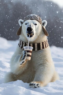 Polar bear enjoys drink in snow
