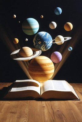 Planets floating above an open book