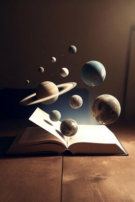 Planets float from open book