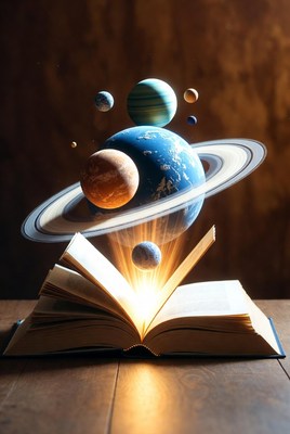 Open Book with Floating Planets