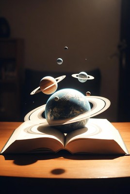 Open Book with Floating Planets