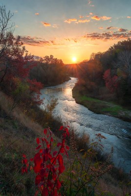 Autumn River Sunset with Red Foliage