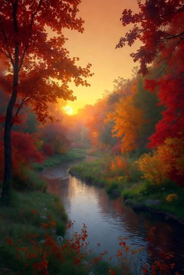 Autumn Forest River at Sunset