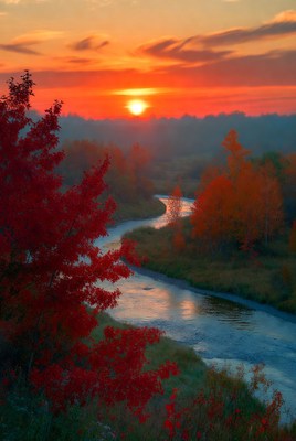 Sunset over river with autumn trees