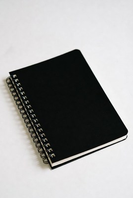 Black spiral notebook on white background