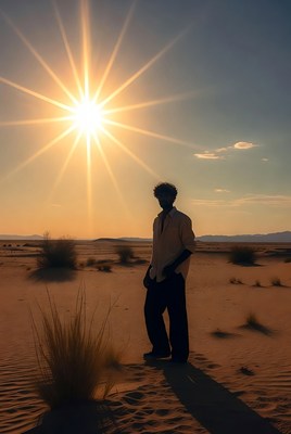 Silhouette man in desert sunset