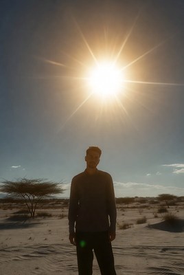 Silhouette man standing before sun in desert