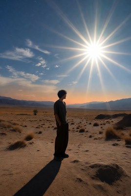 Silhouette man in desert sunset