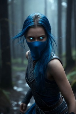 Blue-haired woman in mystical forest