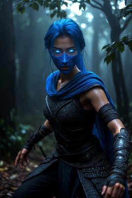 Blue-haired warrior woman in forest