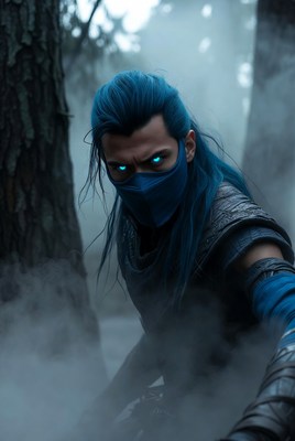 Blue-haired ninja man in misty forest