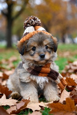 Puppy in hat and scarf on autumn leaves