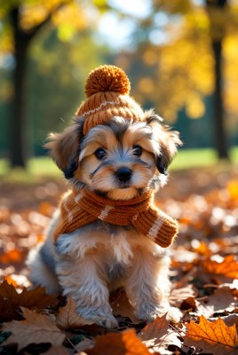 Puppy in beanie and scarf on autumn leaves