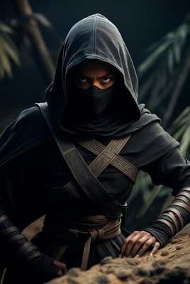 Mysterious figure in dark attire in nature