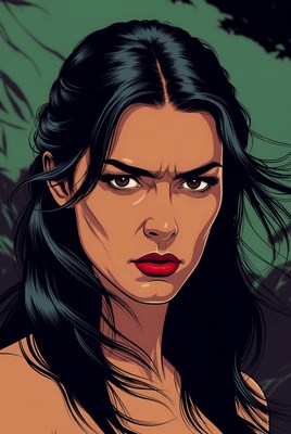 Woman with long black hair in nature