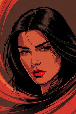 Woman with dark hair in red tones