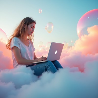 Woman working on laptop in clouds