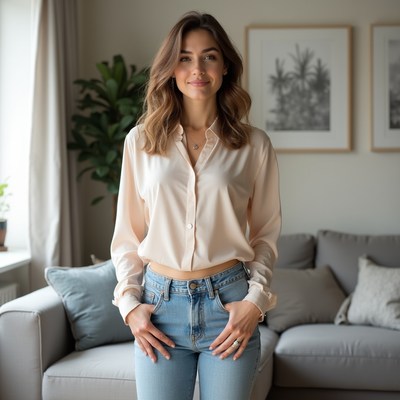 Woman in light blouse poses at home