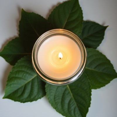 Candle on leaves with light