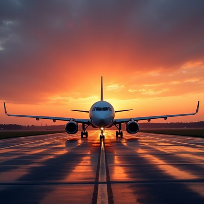 Airplane parked on runway at sunset