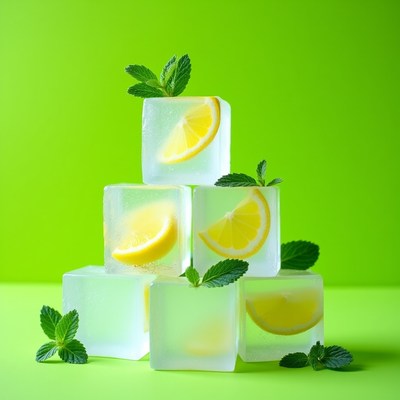 Ice cubes with lemon and mint arranged neatly