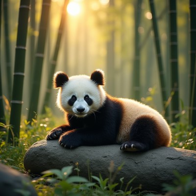 Baby panda resting in bamboo forest