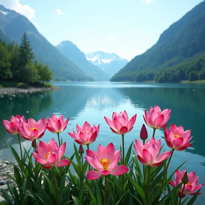 Pink flowers by the lake in summer