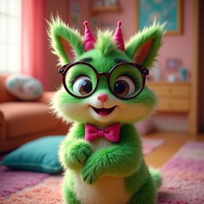 Cute green character with glasses in room