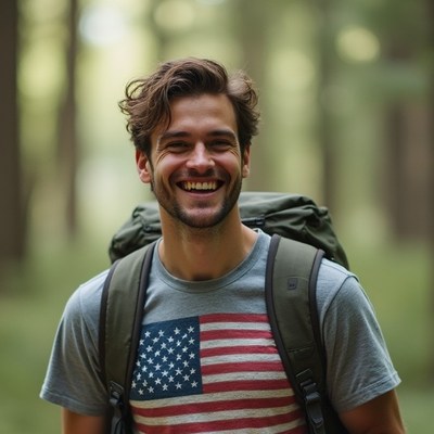 Smiling hiker in forest landscape