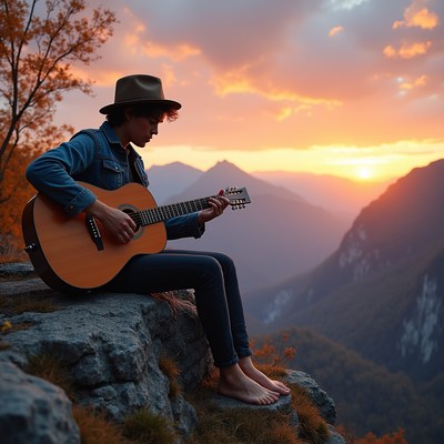 Playing guitar at sunset on mountains