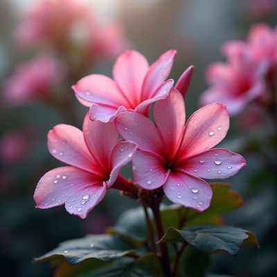Pink flowers with water droplets in garden