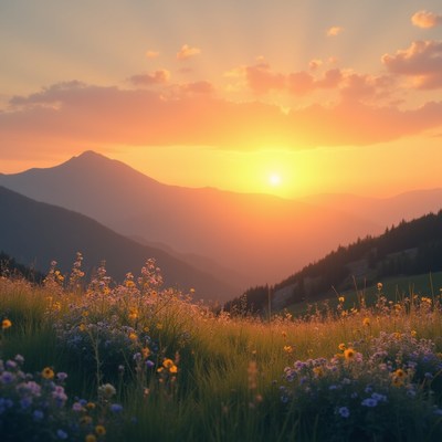 Sunset over mountains and flowers