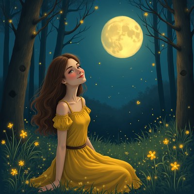 Woman in yellow dress by moonlight