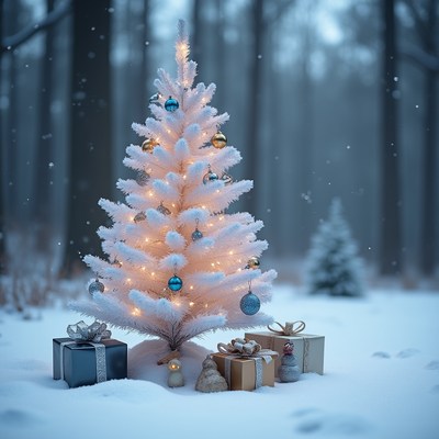 Snowy christmas tree with gifts