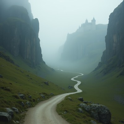 Foggy valley with winding road and castle